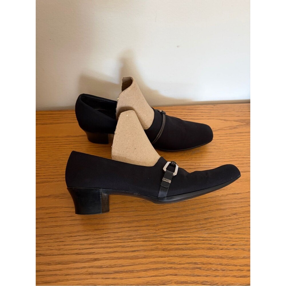 Vintage Munro Leather Black Low Kitten Heel Buckle Square Toe Loafers